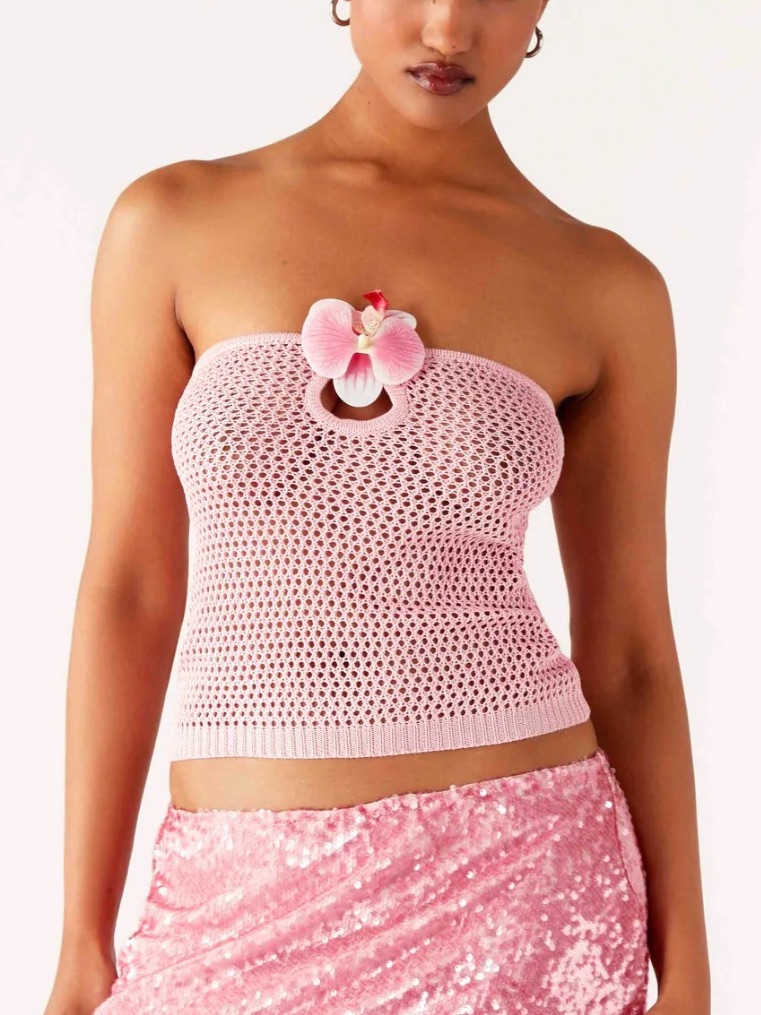 Strapless Pink Crochet Knit Tank Top